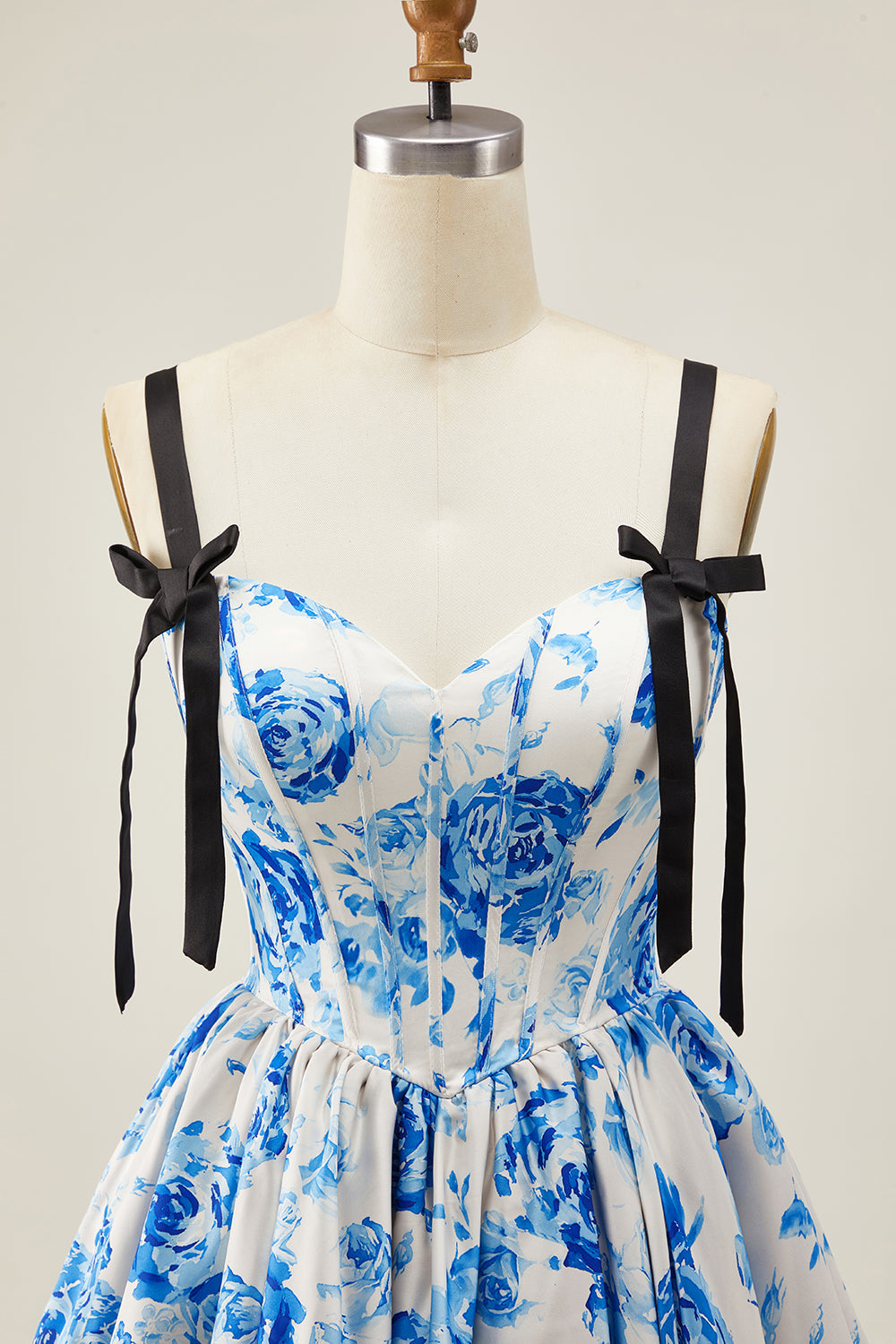 White Blue Corset Floral A Line Short Homecoming Dress with Bow