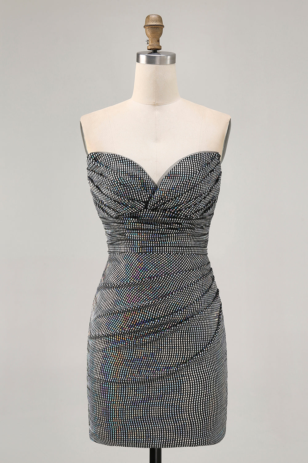 Sparkly White Silver Strapless Sequin Ruched Tight Short Homecoming Dress