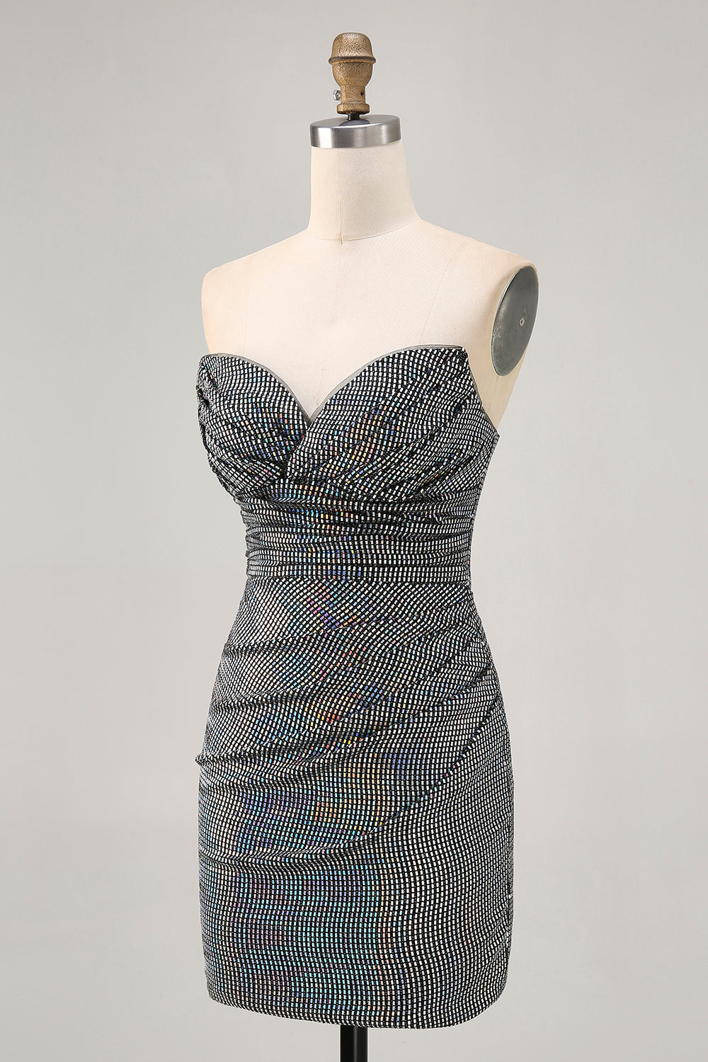 Sparkly White Silver Strapless Sequin Ruched Tight Short Homecoming Dress