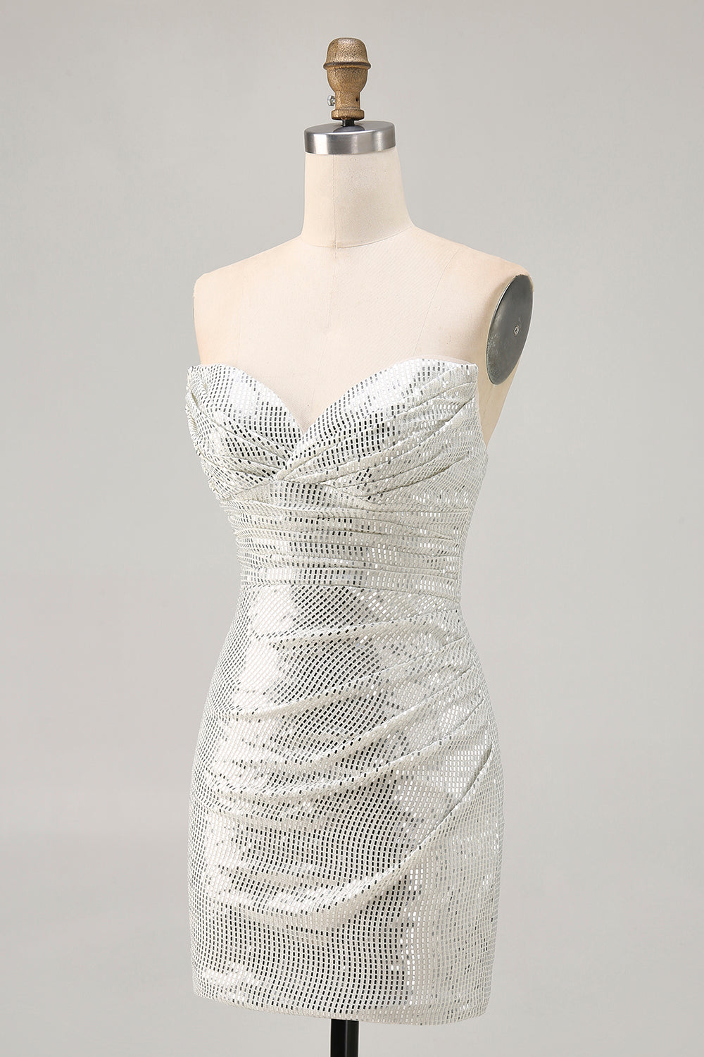 Sparkly White Silver Strapless Sequin Ruched Tight Short Homecoming Dress