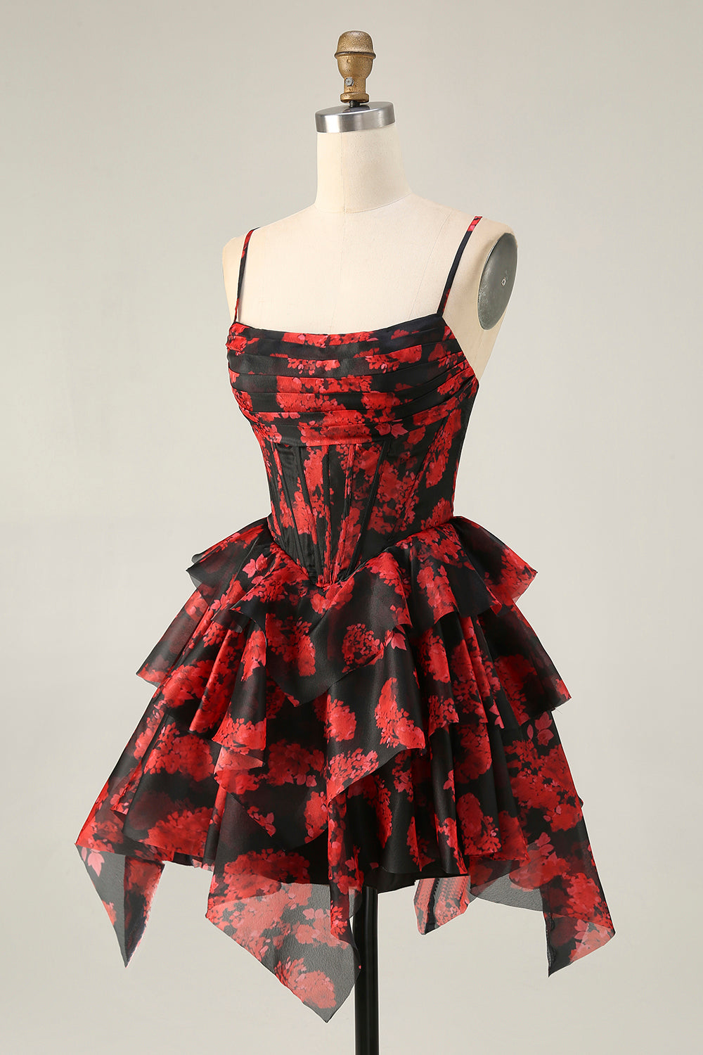 Black Red A Line Corset Short Tiered Homecoming Dress with Ruffles