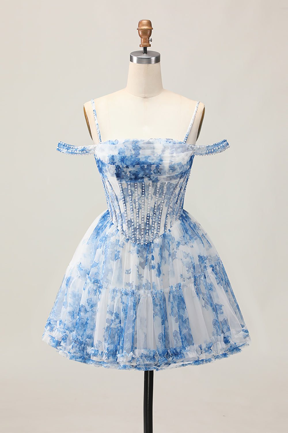 White Blue Flower Corset A Line Cold Shoulder Short Homecoming Dress