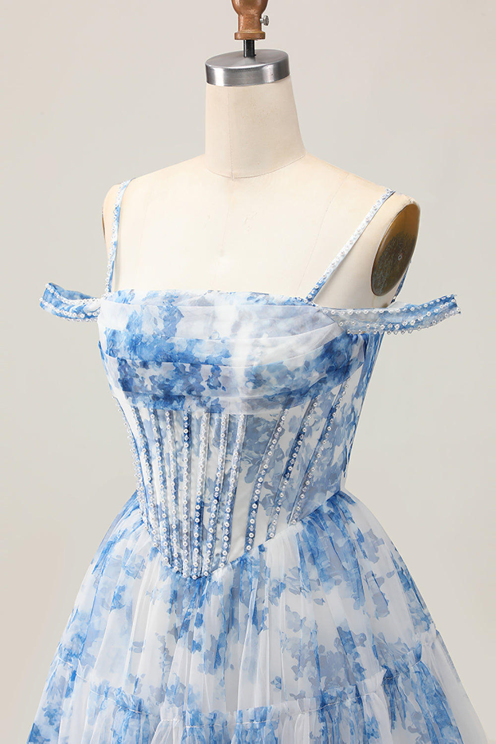 White Blue Flower Corset A Line Cold Shoulder Short Homecoming Dress