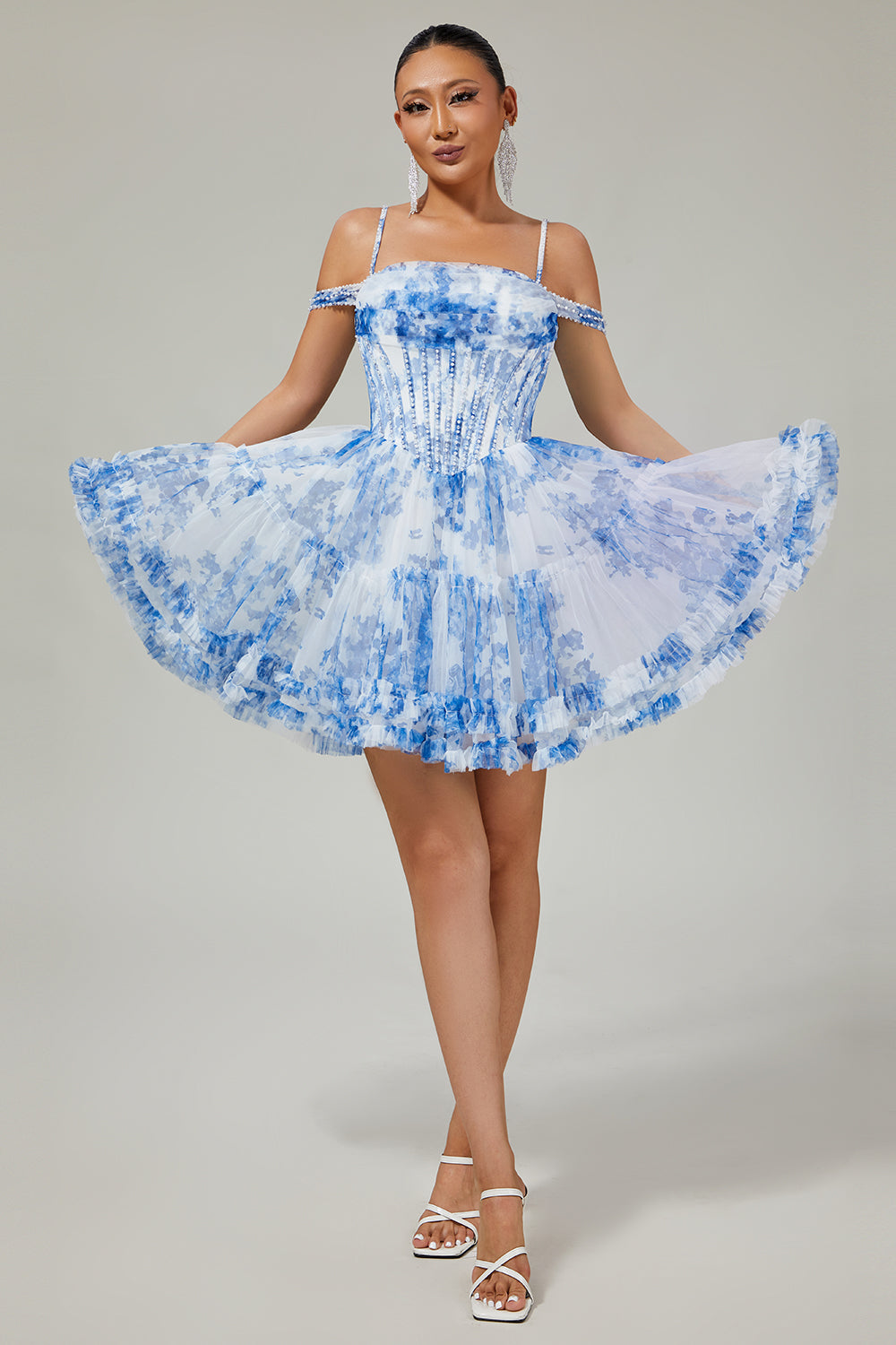 White Blue Flower Corset A Line Cold Shoulder Short Homecoming Dress