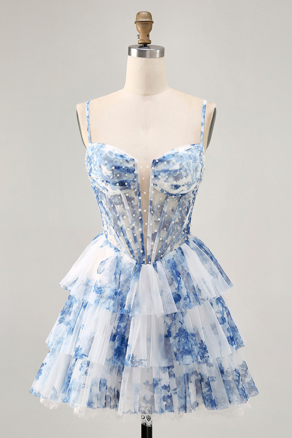 White and Blue Floral Ruffled Short Corset Homecoming Dress with Pearls