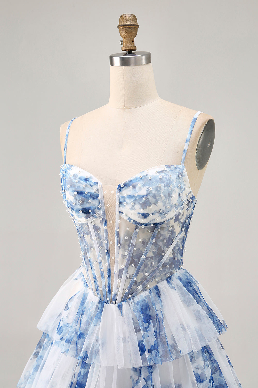 White and Blue Floral Ruffled Short Corset Homecoming Dress with Pearls