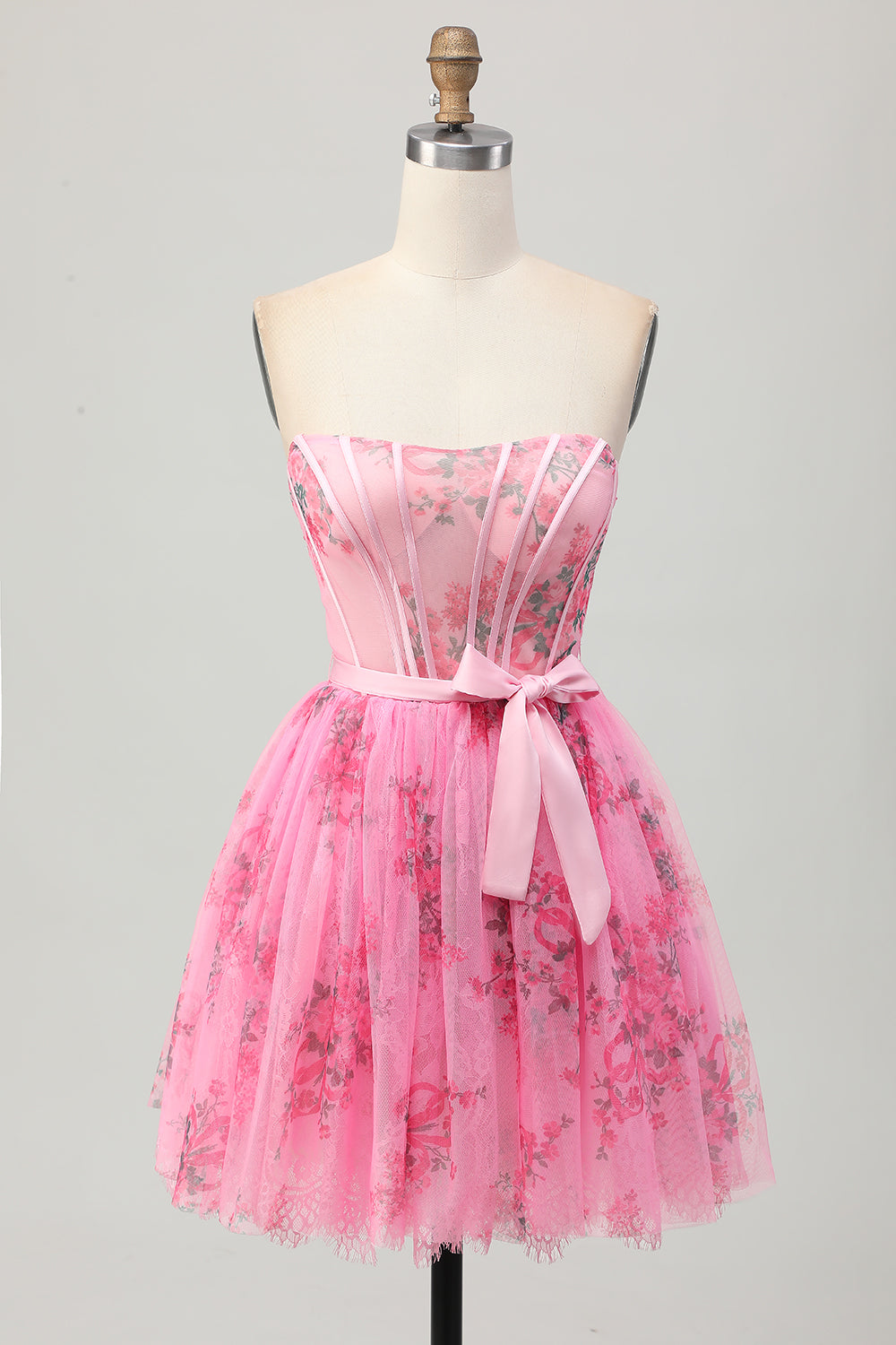 Pink Floral Corset Strapless Short Homecoming Dress with Bow
