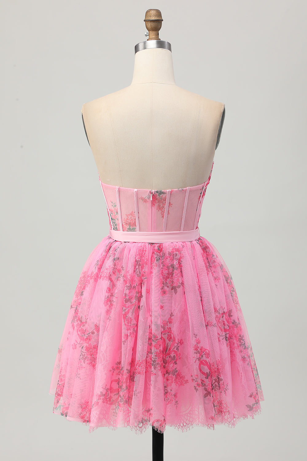 Pink Floral Corset Strapless Short Homecoming Dress with Bow