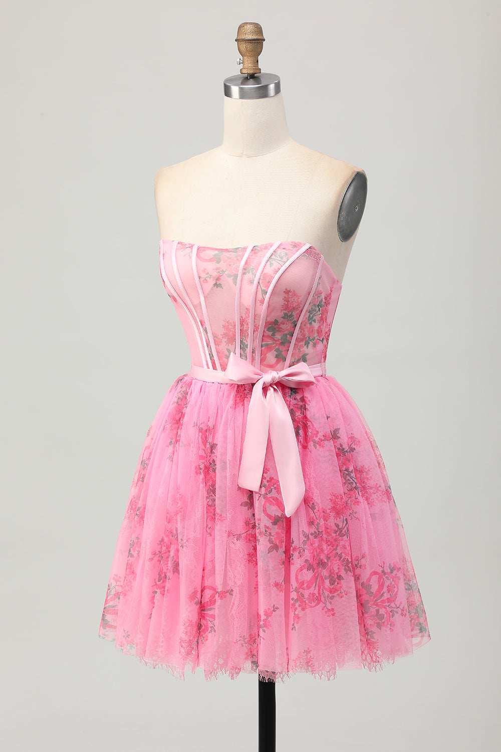 Pink Floral Corset Strapless Short Homecoming Dress with Bow