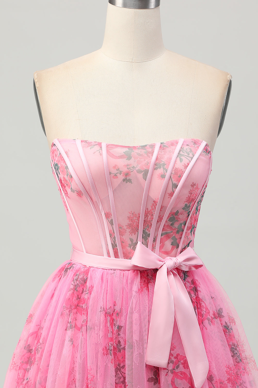 Pink Floral Corset Strapless Short Homecoming Dress with Bow