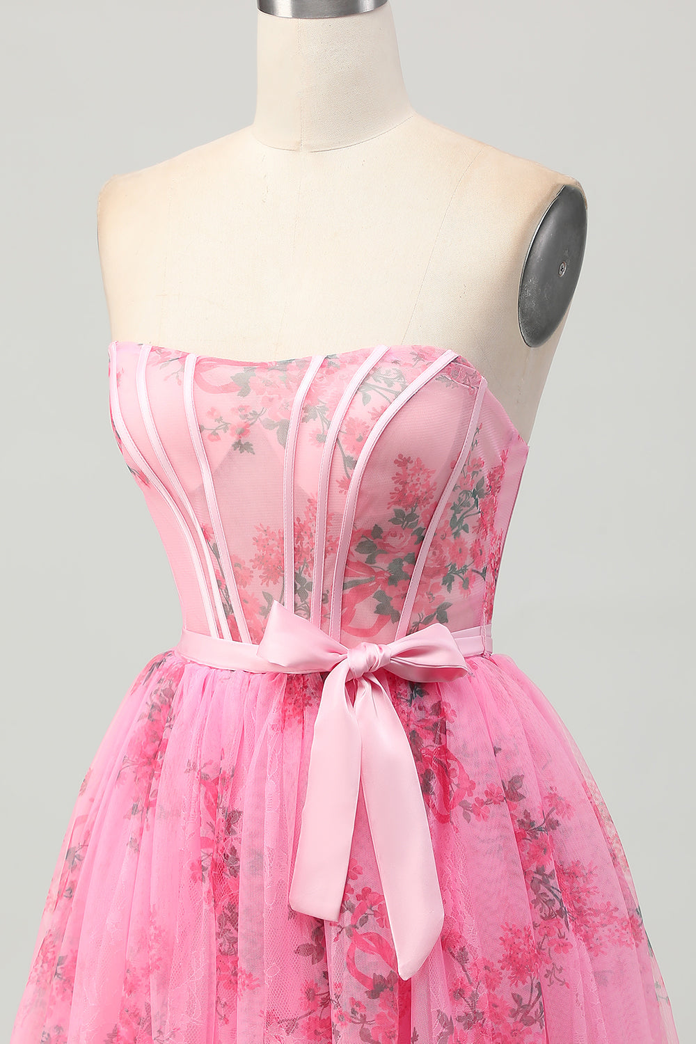Pink Floral Corset Strapless Short Homecoming Dress with Bow