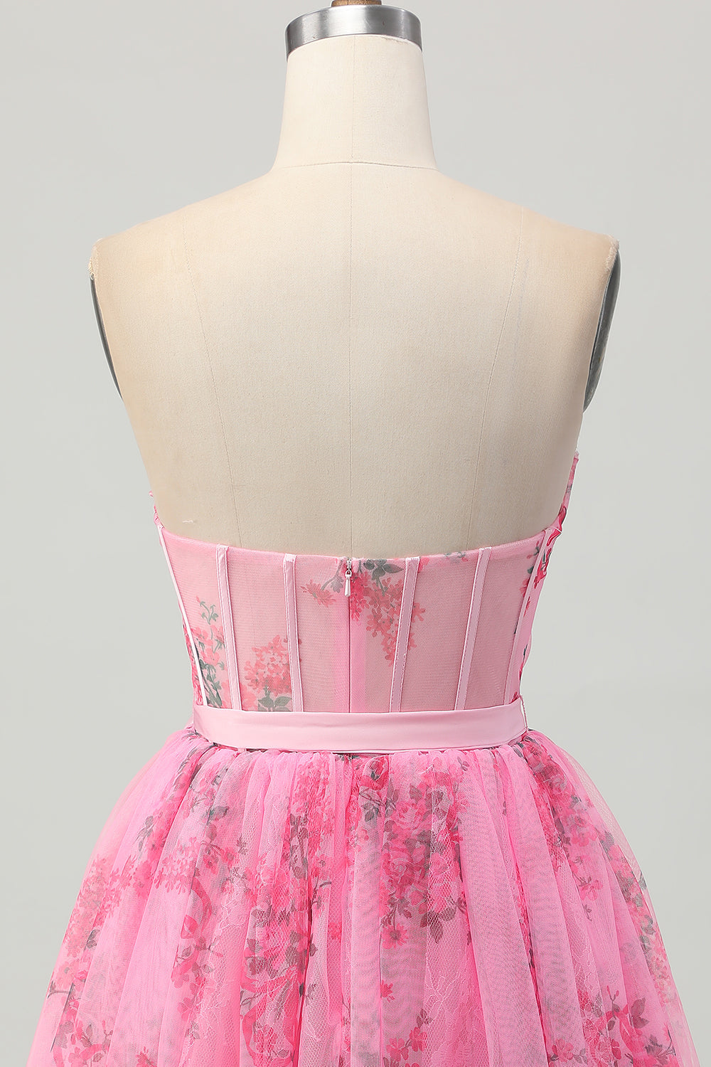Pink Floral Corset Strapless Short Homecoming Dress with Bow