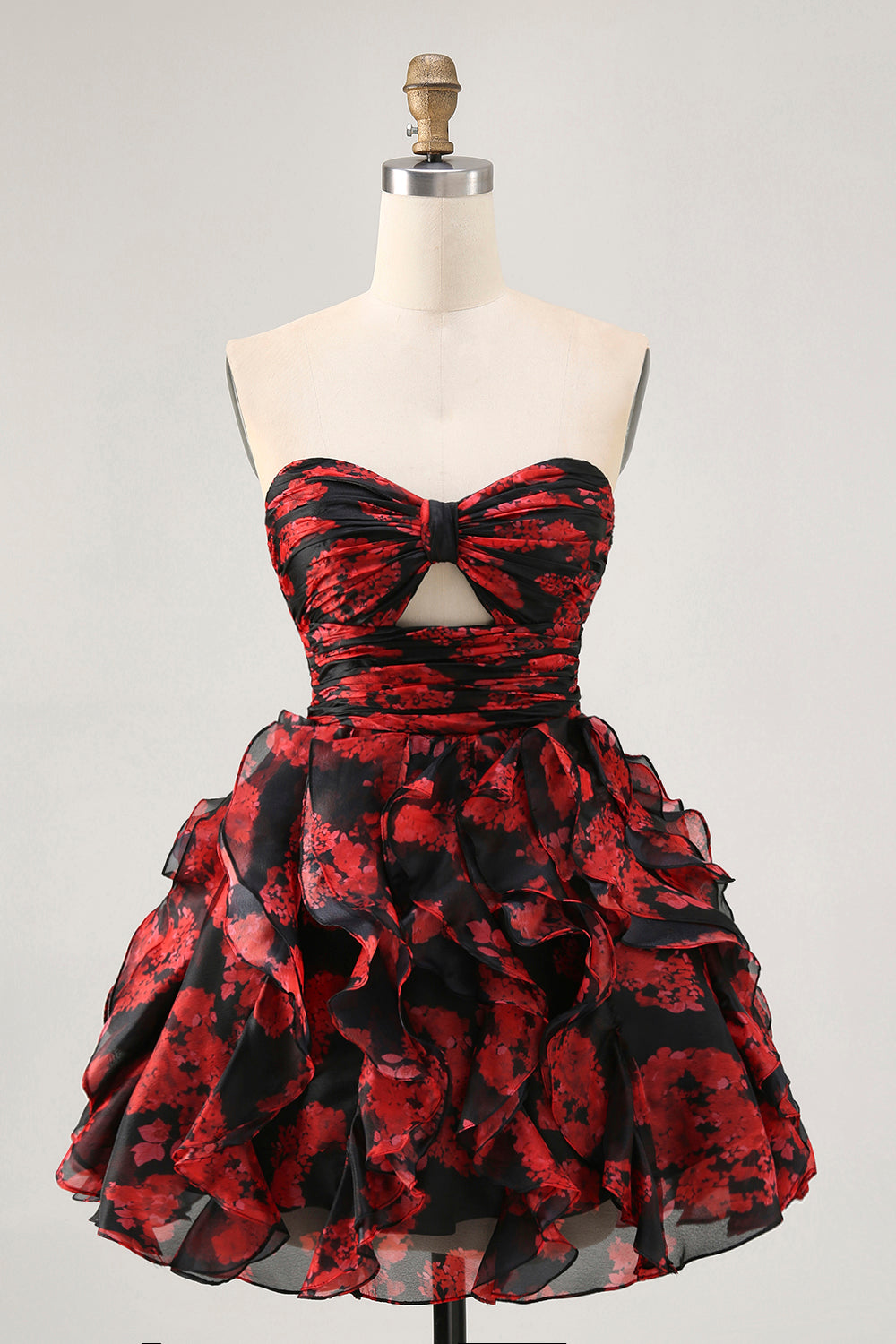 Black and Red Sweetheart Floral Cut Out Short Homecoming Dress with Ruffles