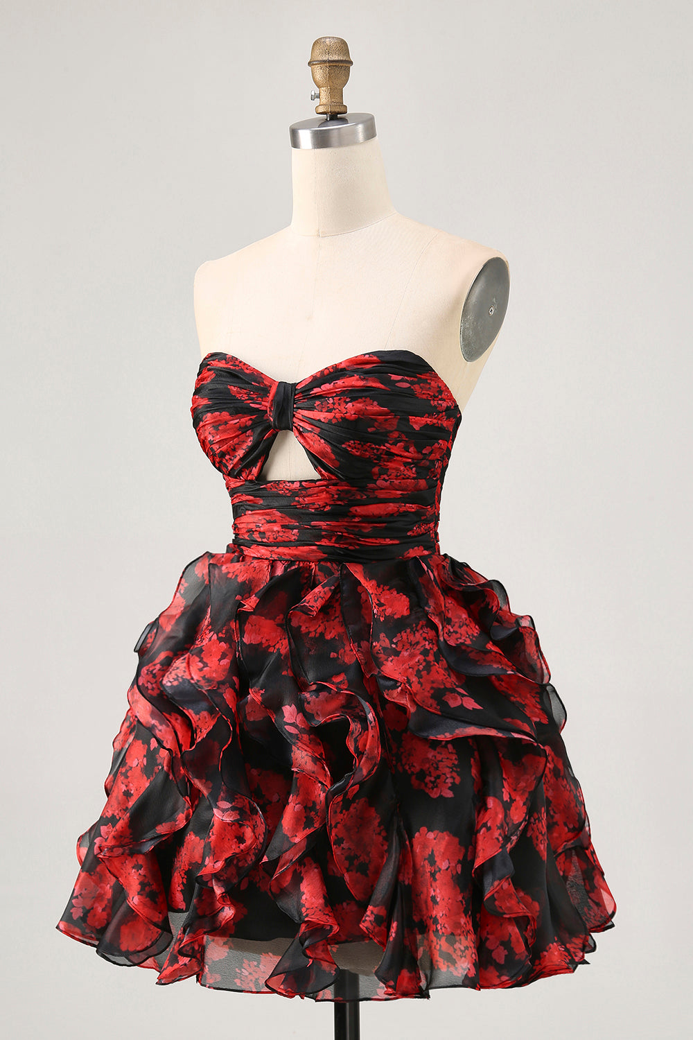 Black and Red Sweetheart Floral Cut Out Short Homecoming Dress with Ruffles