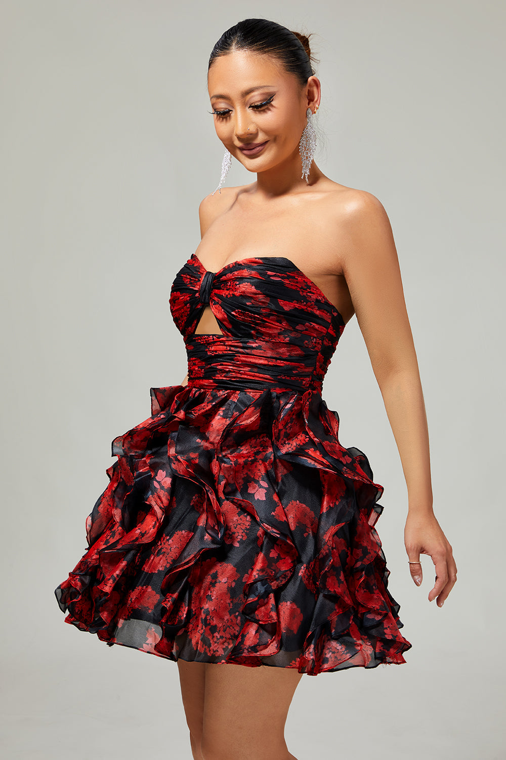 Black and Red Sweetheart Floral Cut Out Short Homecoming Dress with Ruffles