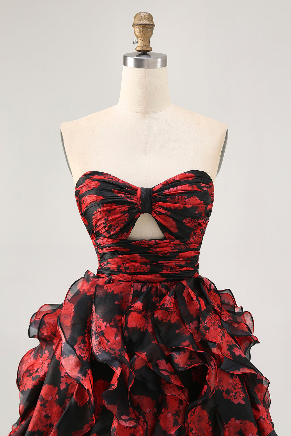Black and Red Sweetheart Floral Cut Out Short Homecoming Dress with Ruffles