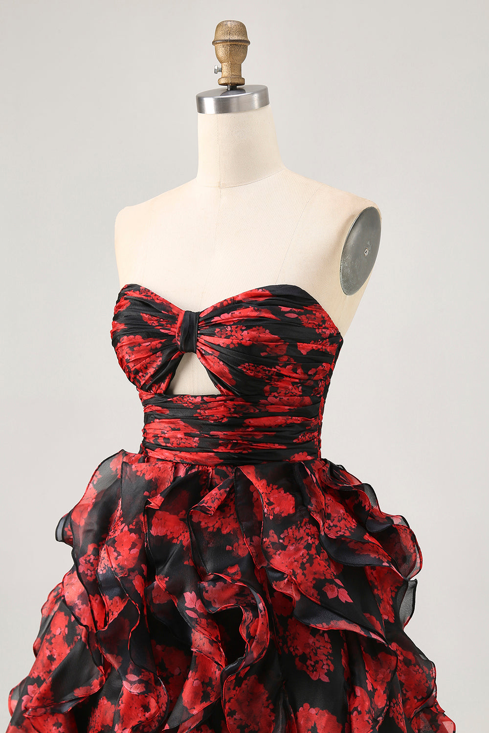 Black and Red Sweetheart Floral Cut Out Short Homecoming Dress with Ruffles