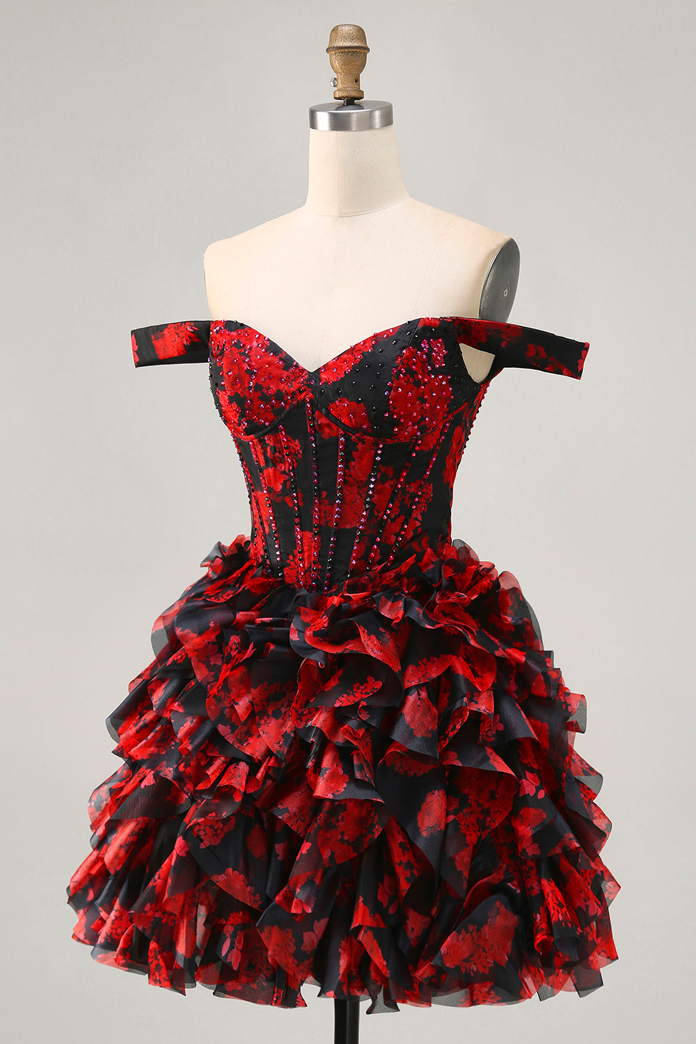 Sparkly Black and Red Floral Short Corset Homecoming Dress with Beading