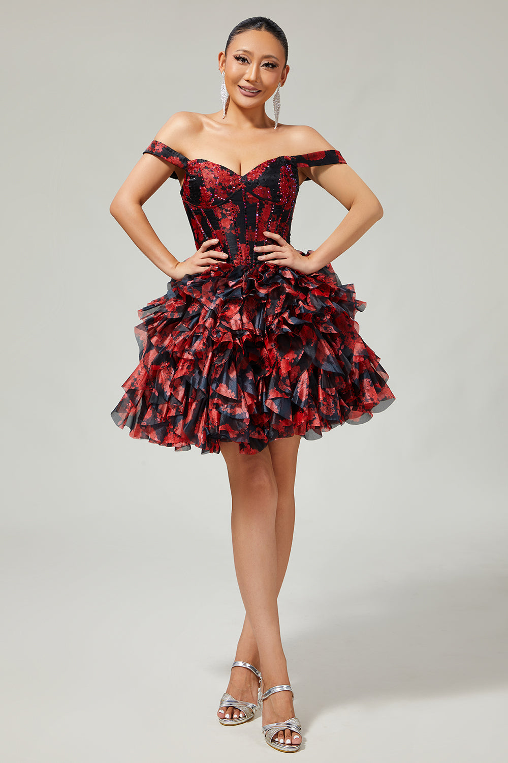 Sparkly Black and Red Floral Short Corset Homecoming Dress with Beading