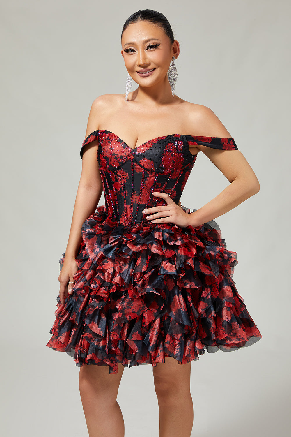 Sparkly Black and Red Floral Short Corset Homecoming Dress with Beading