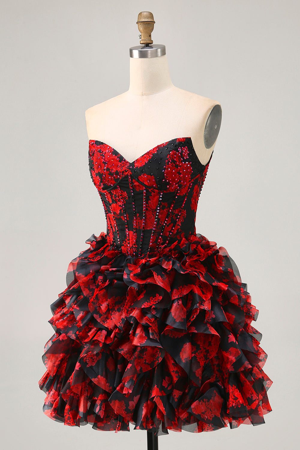 Sparkly Black and Red Floral Short Corset Homecoming Dress with Beading