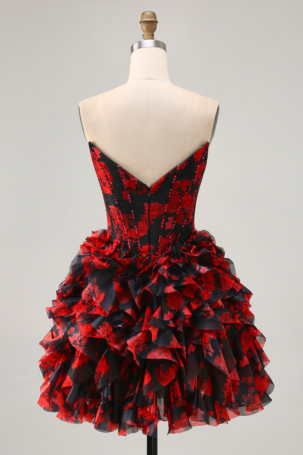 Sparkly Black and Red Floral Short Corset Homecoming Dress with Beading
