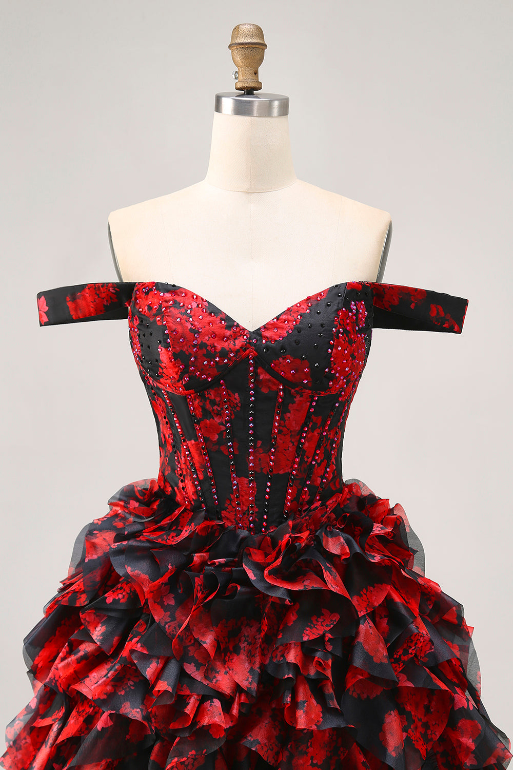 Sparkly Black and Red Floral Short Corset Homecoming Dress with Beading