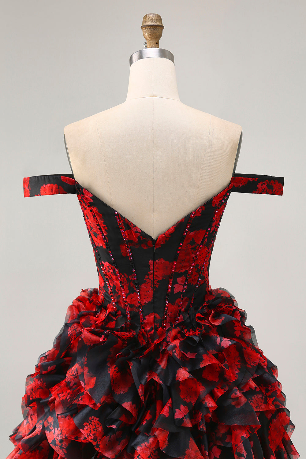 Sparkly Black and Red Floral Short Corset Homecoming Dress with Beading