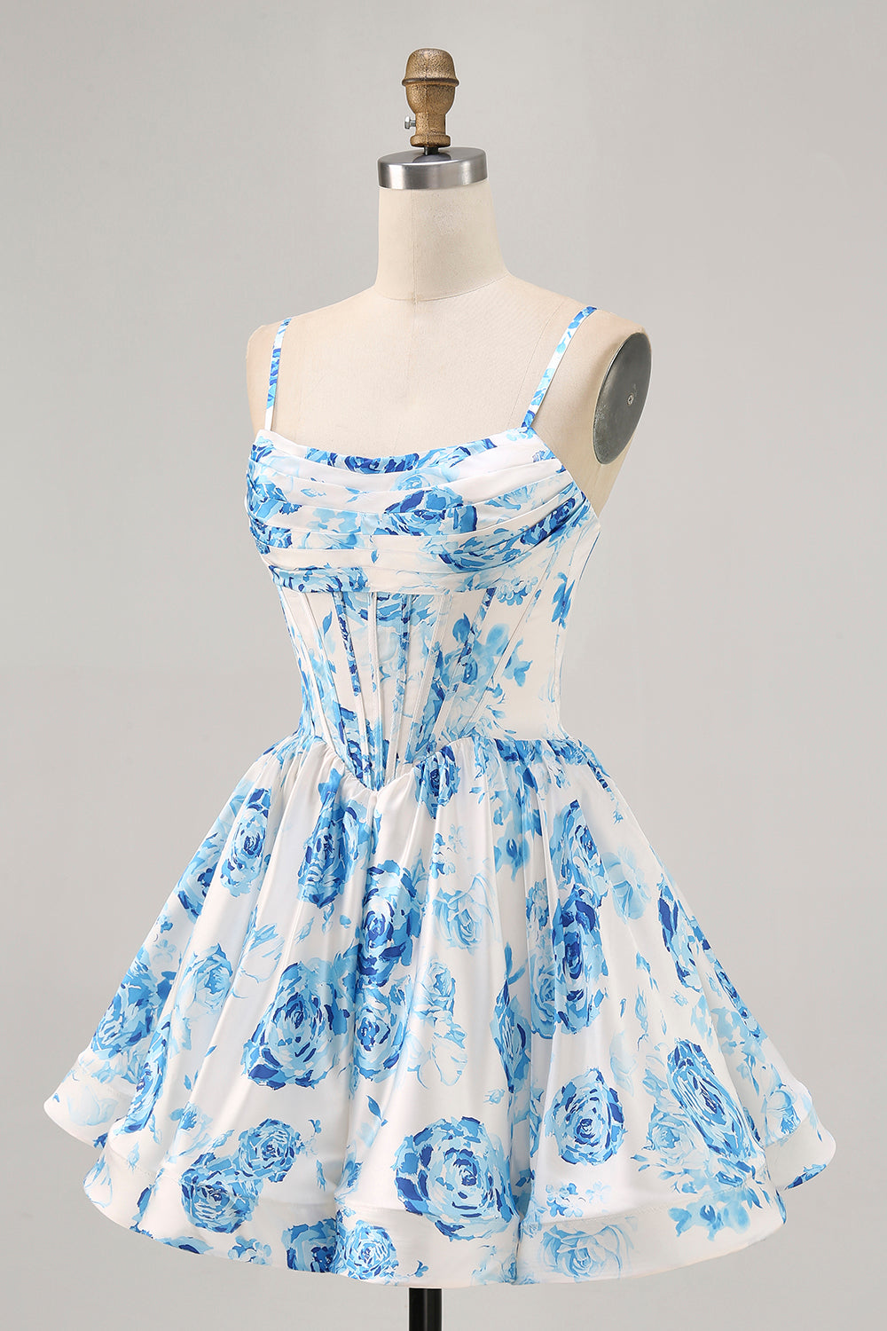 White and Blue Satin Floral Ruched Short Corset Homecoming Dress