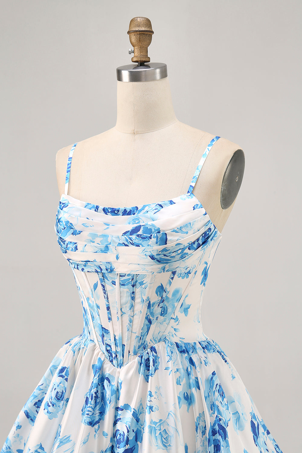 White and Blue Satin Floral Ruched Short Corset Homecoming Dress