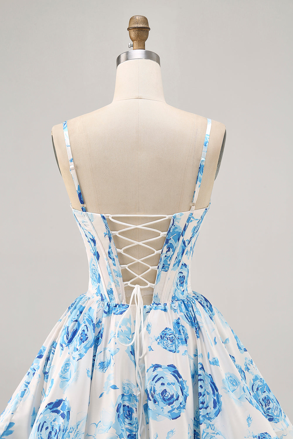 White and Blue Satin Floral Ruched Short Corset Homecoming Dress