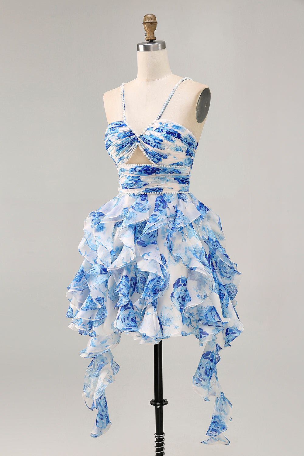White and Blue Floral Ruffled Ruched Short Homecoming Dress with Pearls