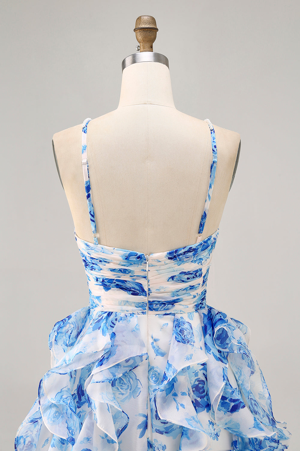 White and Blue Floral Ruffled Ruched Short Homecoming Dress with Pearls