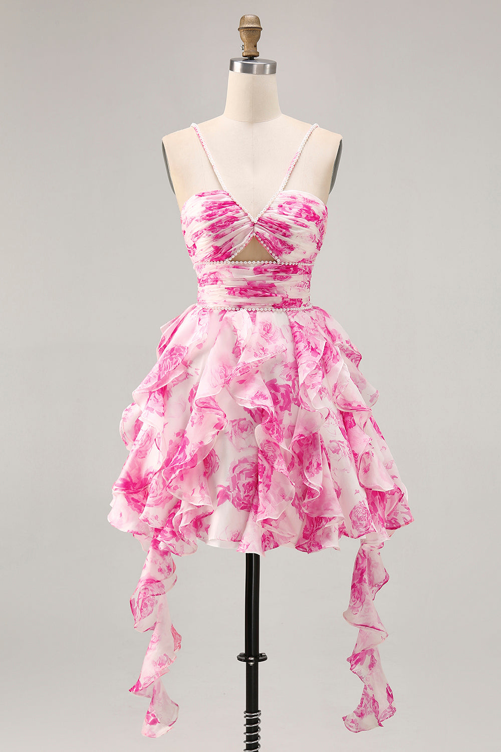 White and Fuchsia Ruffled Ruched Short Floral Homecoming Dress with Pearls