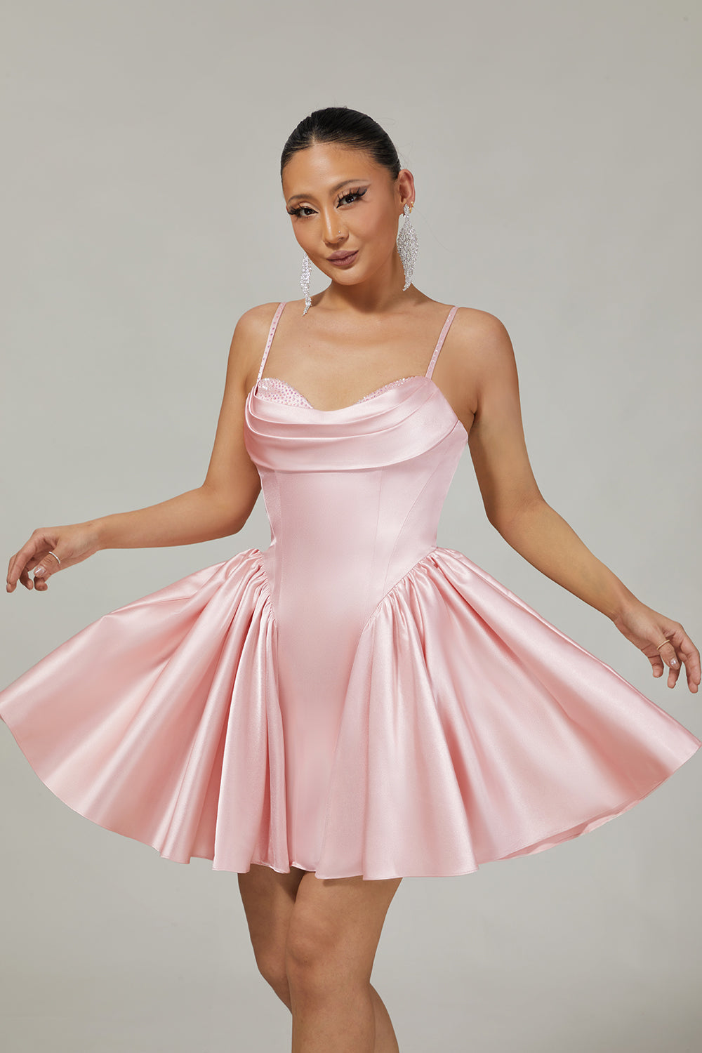 Sparkly Blush Satin A Line Short Homecoming Dress with Beading