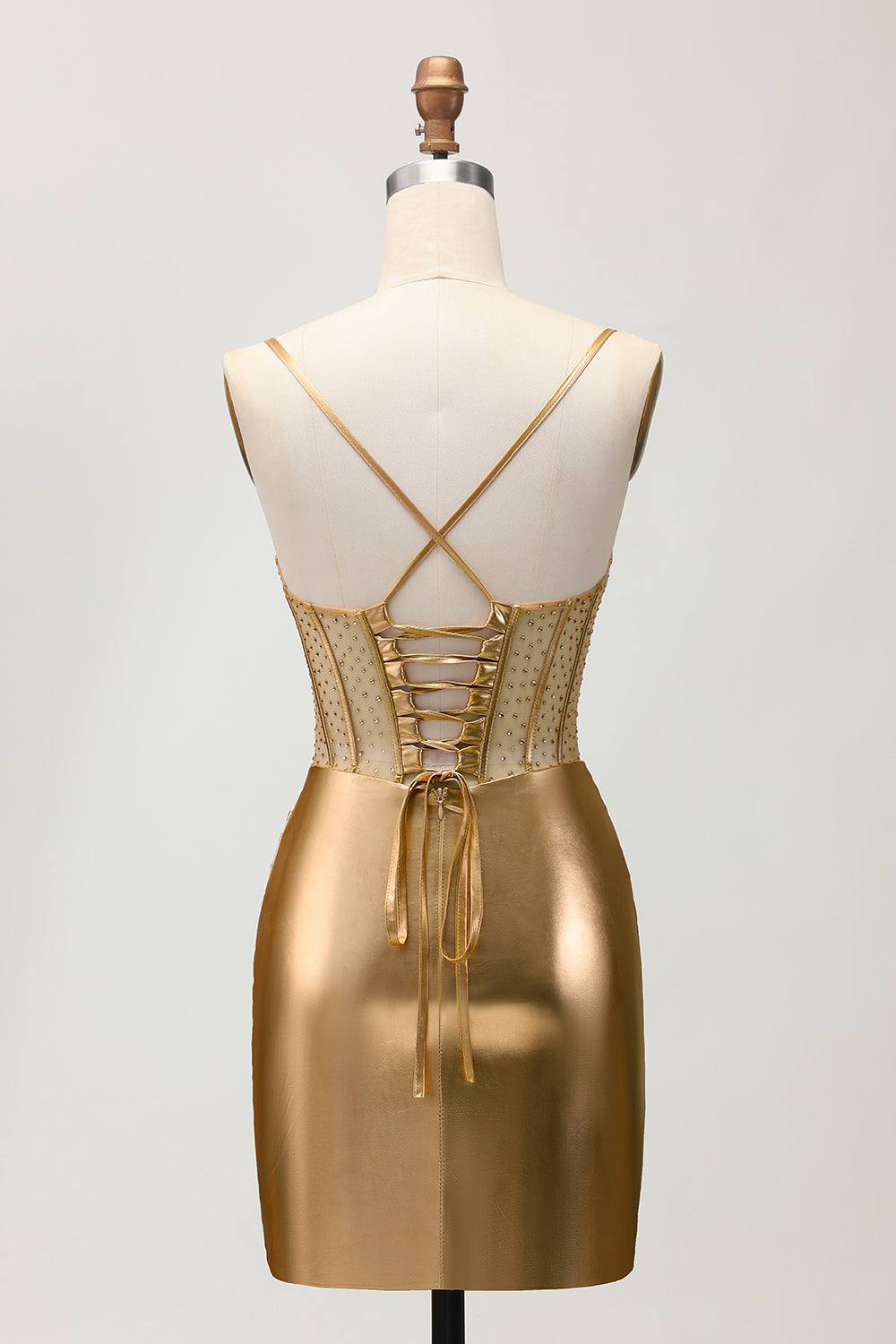 Sparkly Golden Metallic Corset Ruched Tight Short Homecoming Dress with Beading