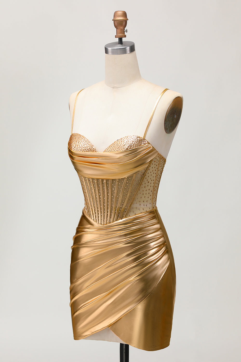 Sparkly Golden Metallic Corset Ruched Tight Short Homecoming Dress with Beading