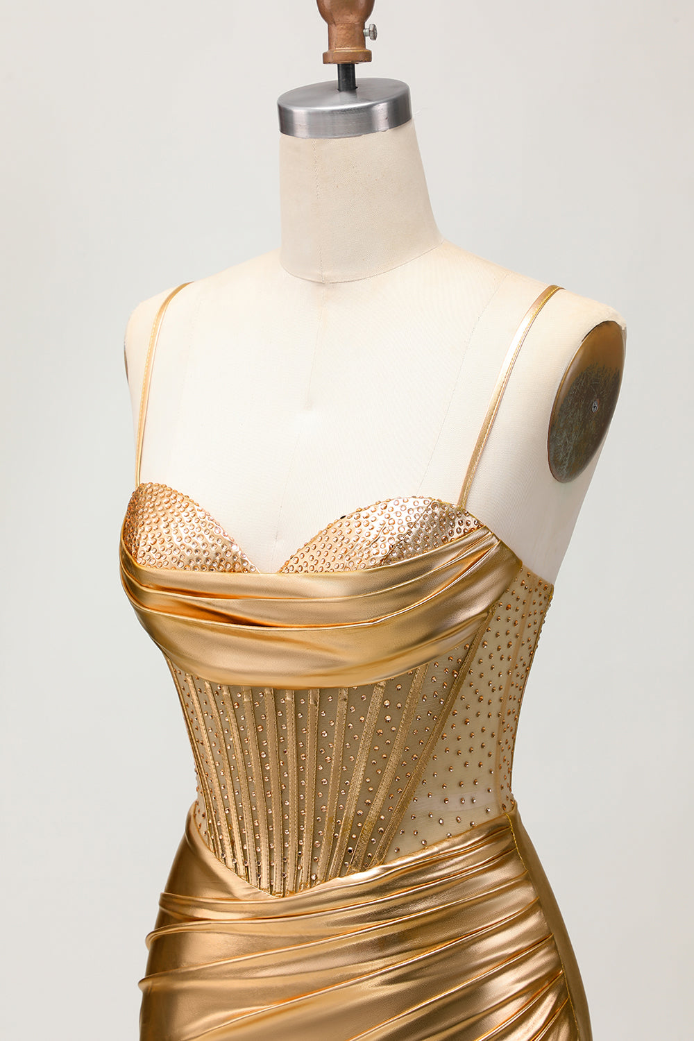 Sparkly Golden Metallic Corset Ruched Tight Short Homecoming Dress with Beading