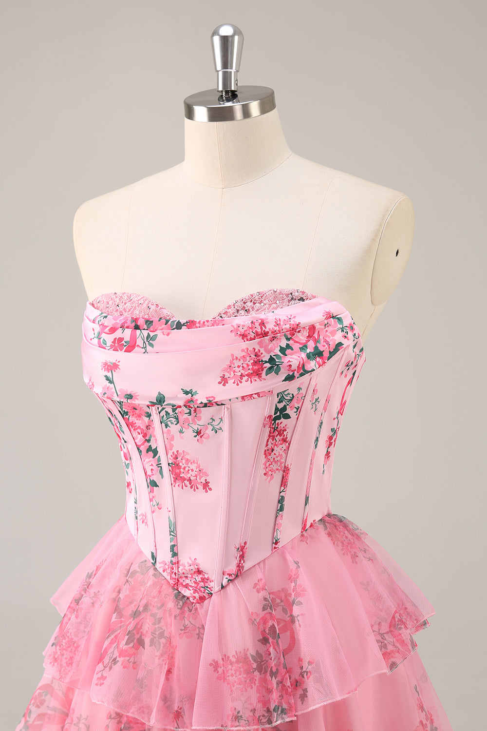 Pink Floral Sweetheart Corset Tiered Short Homecoming Dress with Ruffles