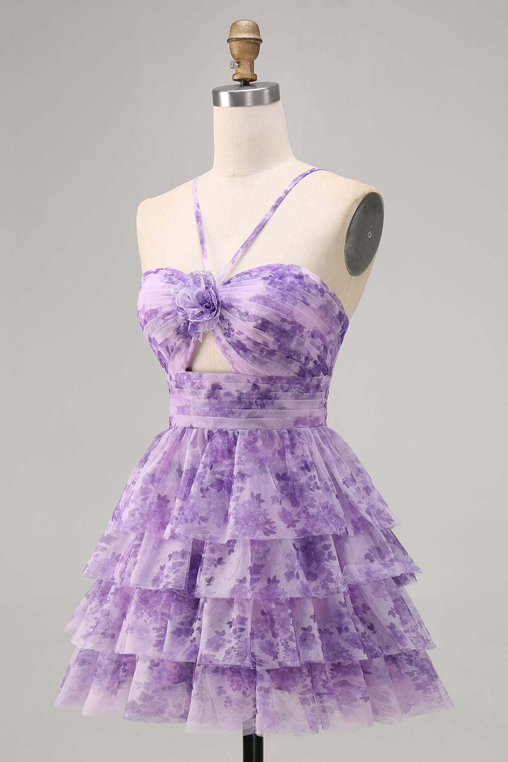 White Blue Flower A Line Short Tiered Homecoming Dress with Ruffles