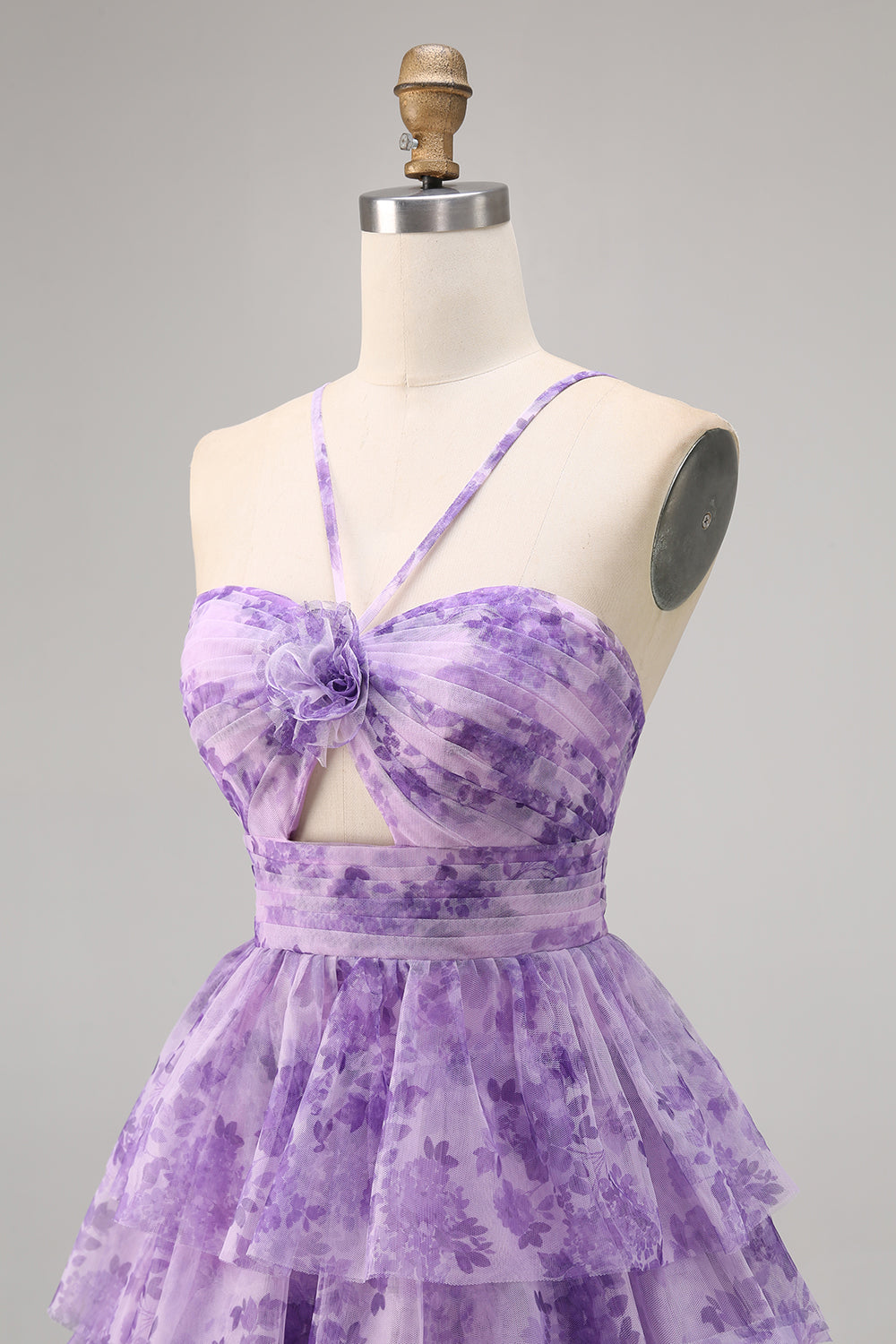 White Blue Flower A Line Short Tiered Homecoming Dress with Ruffles