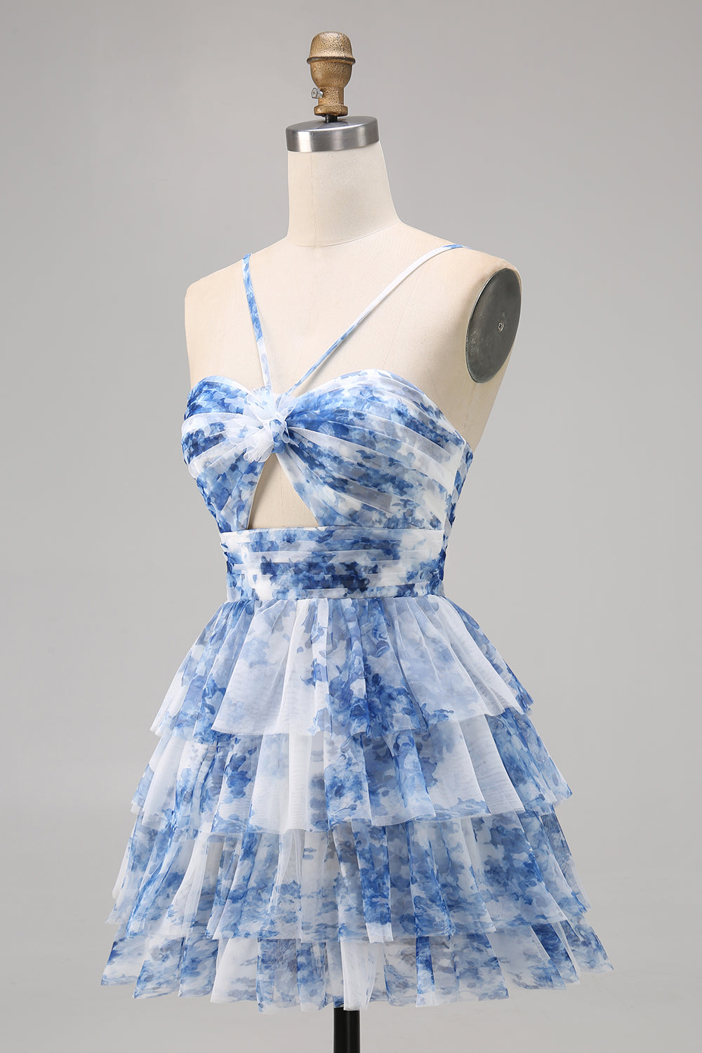 White Blue Flower A Line Short Tiered Homecoming Dress with Ruffles