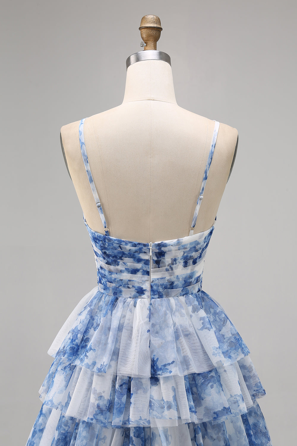 White Blue Flower A Line Short Tiered Homecoming Dress with Ruffles