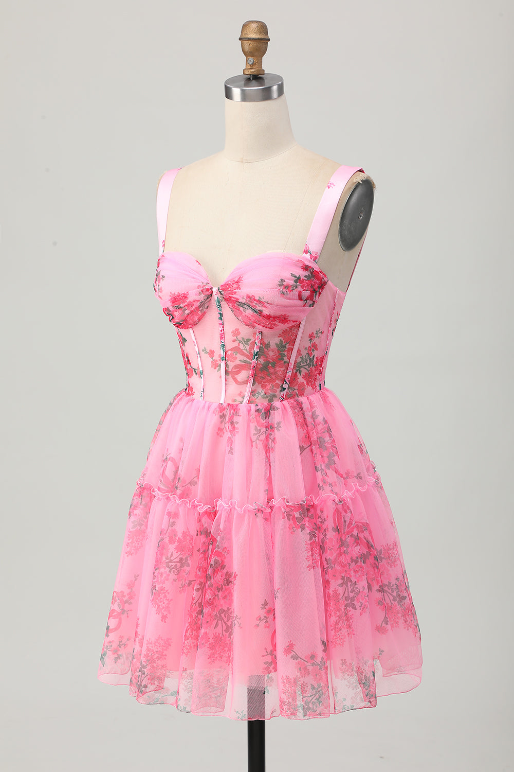 Pink Floral Corset A Line Short Homecoming Dress with Ruffles