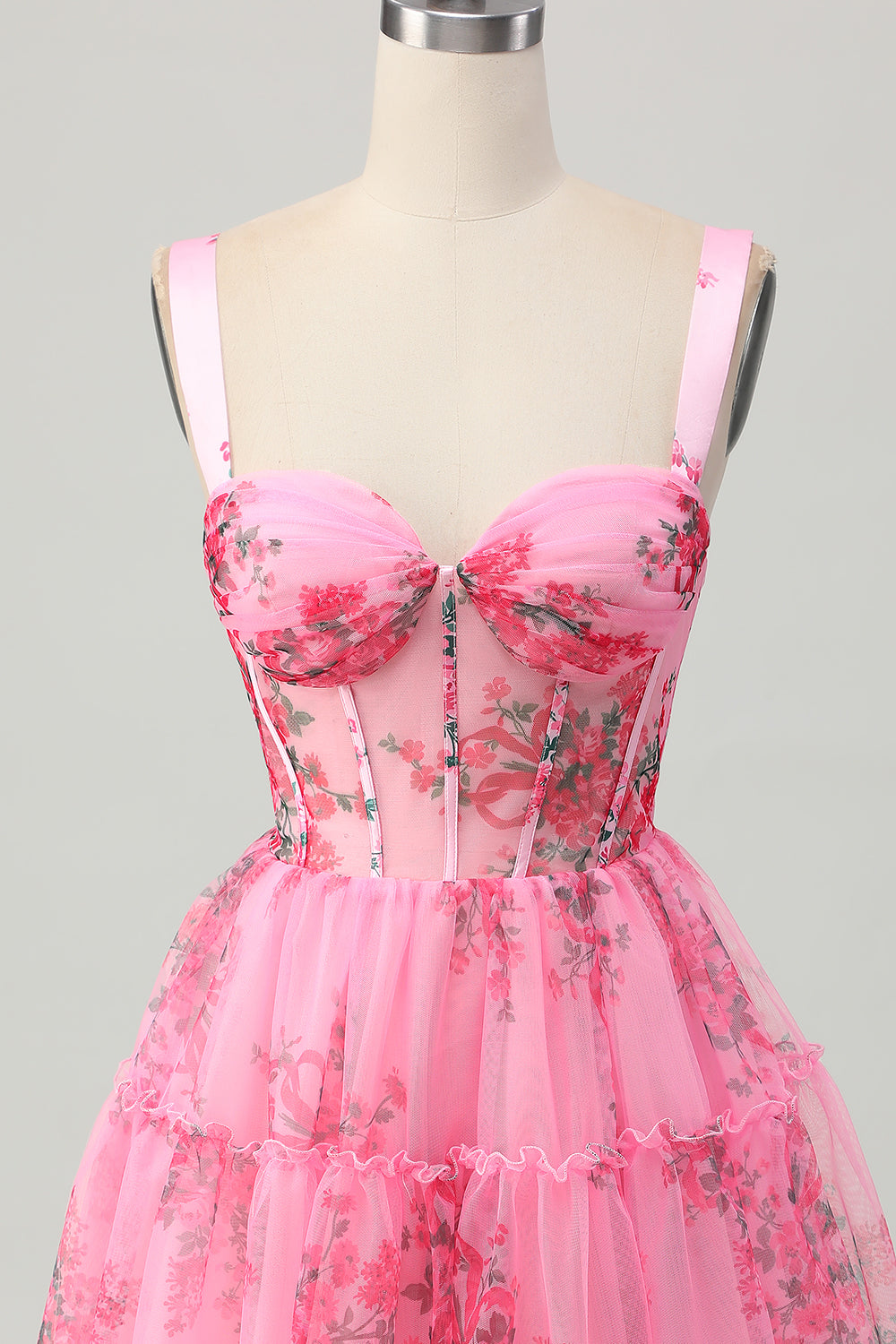 Pink Floral Corset A Line Short Homecoming Dress with Ruffles
