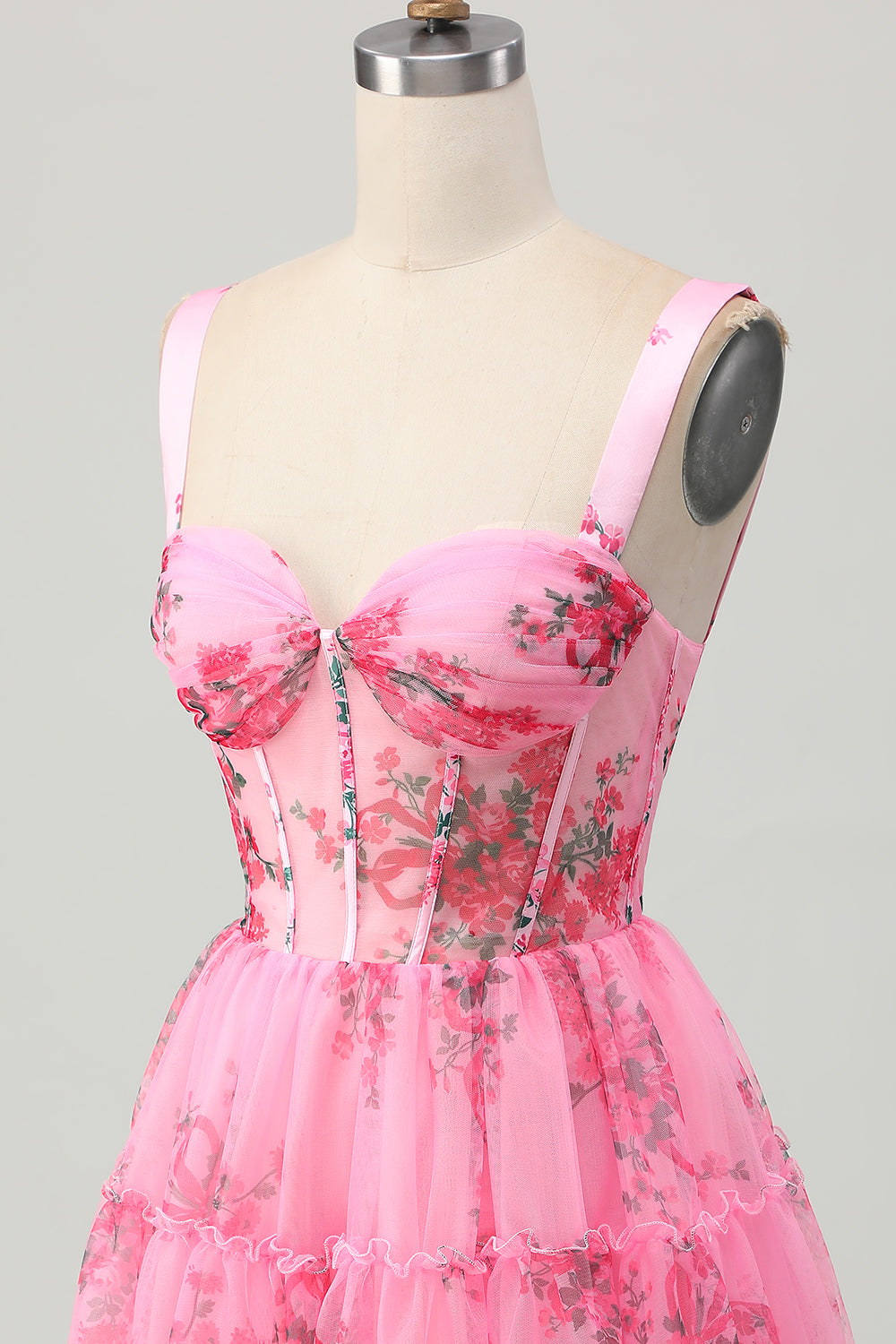 Pink Floral Corset A Line Short Homecoming Dress with Ruffles