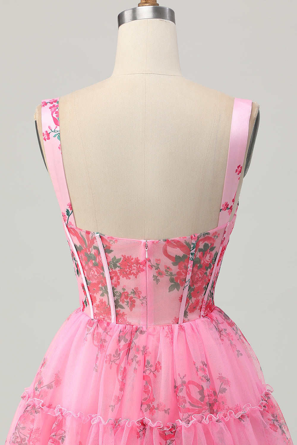 Pink Floral Corset A Line Short Homecoming Dress with Ruffles
