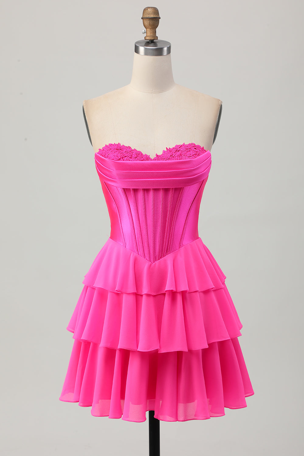 Fuchsia Corset Short Homecoming Dress with Appliques Ruched Sweetheart A Line Tiered Cocktail Dress with Ruffles