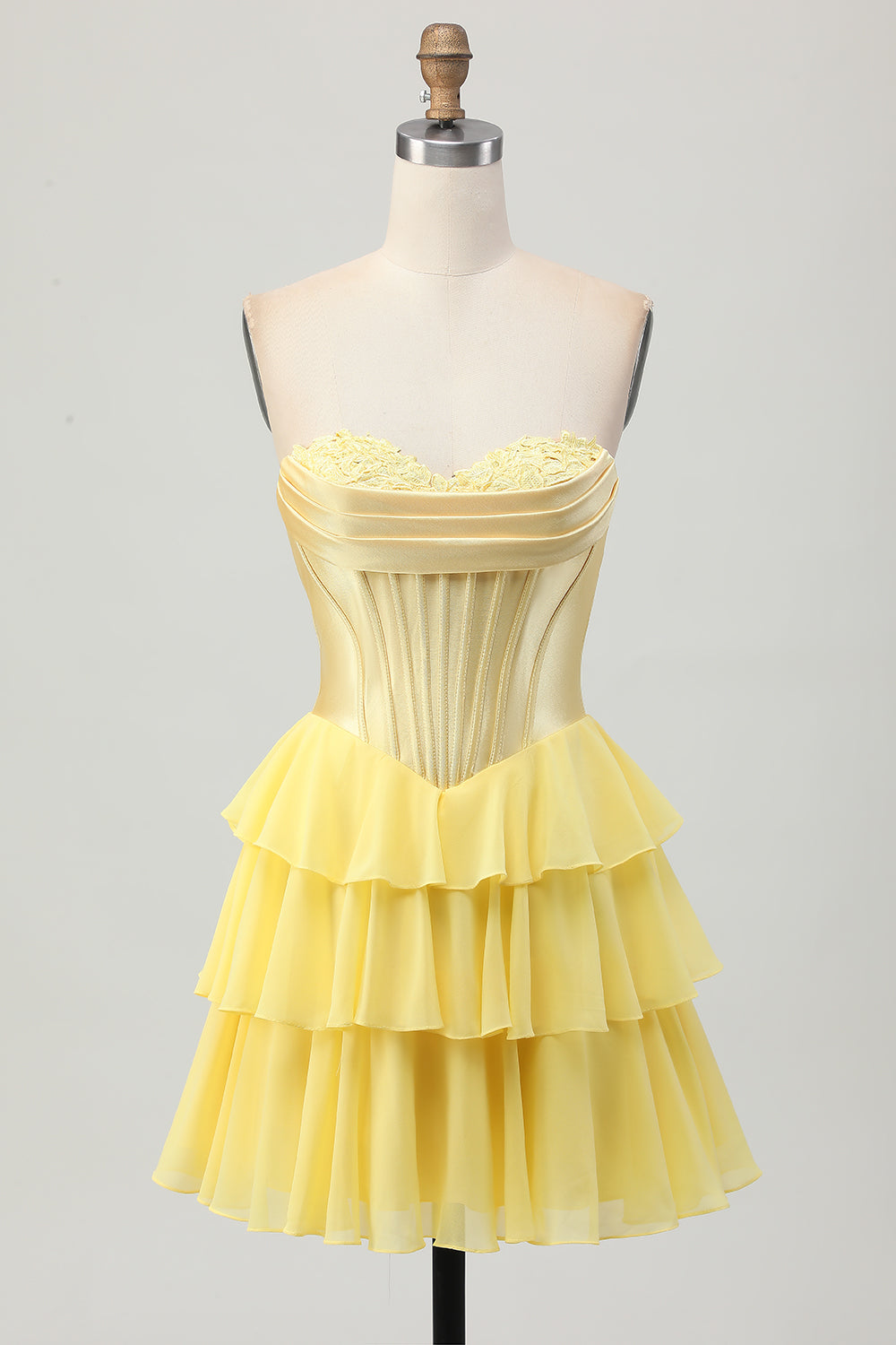 Yellow Corset Short Homecoming Dress with Appliques Ruched A Line Sweetheart Tiered Cocktail Dress with Ruffles