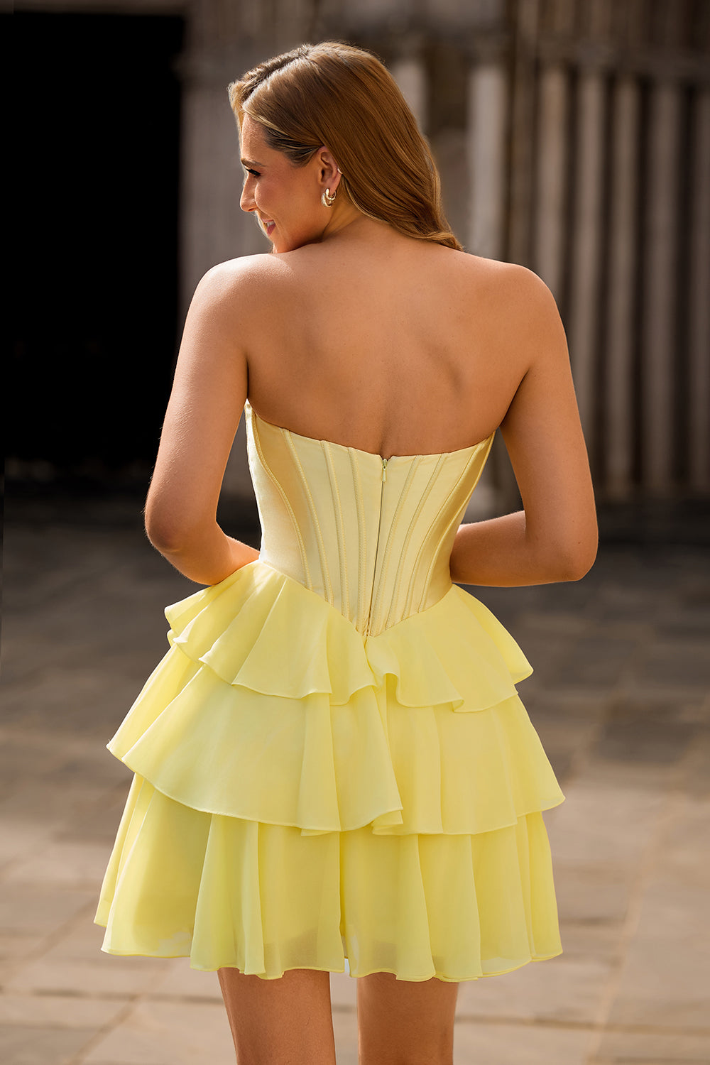 Yellow Ruched Sweetheart Corset Short Homecoming Dress with Appliques